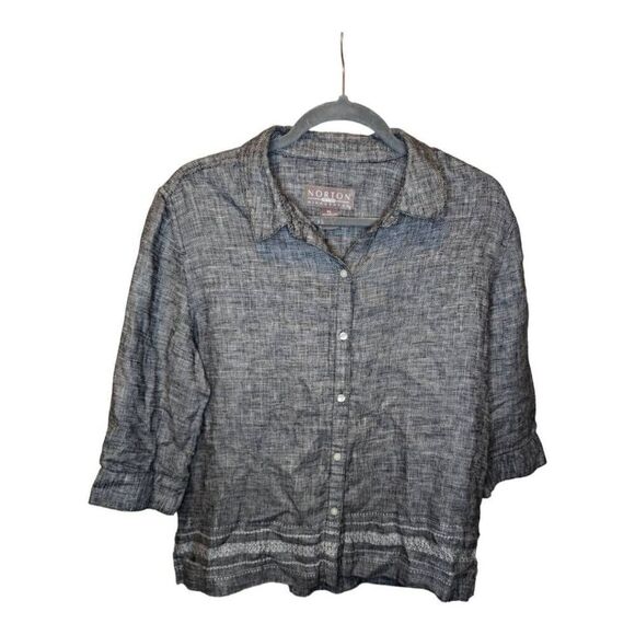Norton McNaughton Top Blouse Shirt Gray Collared Button Linen Embroidered Petite - Picture 1 of 6